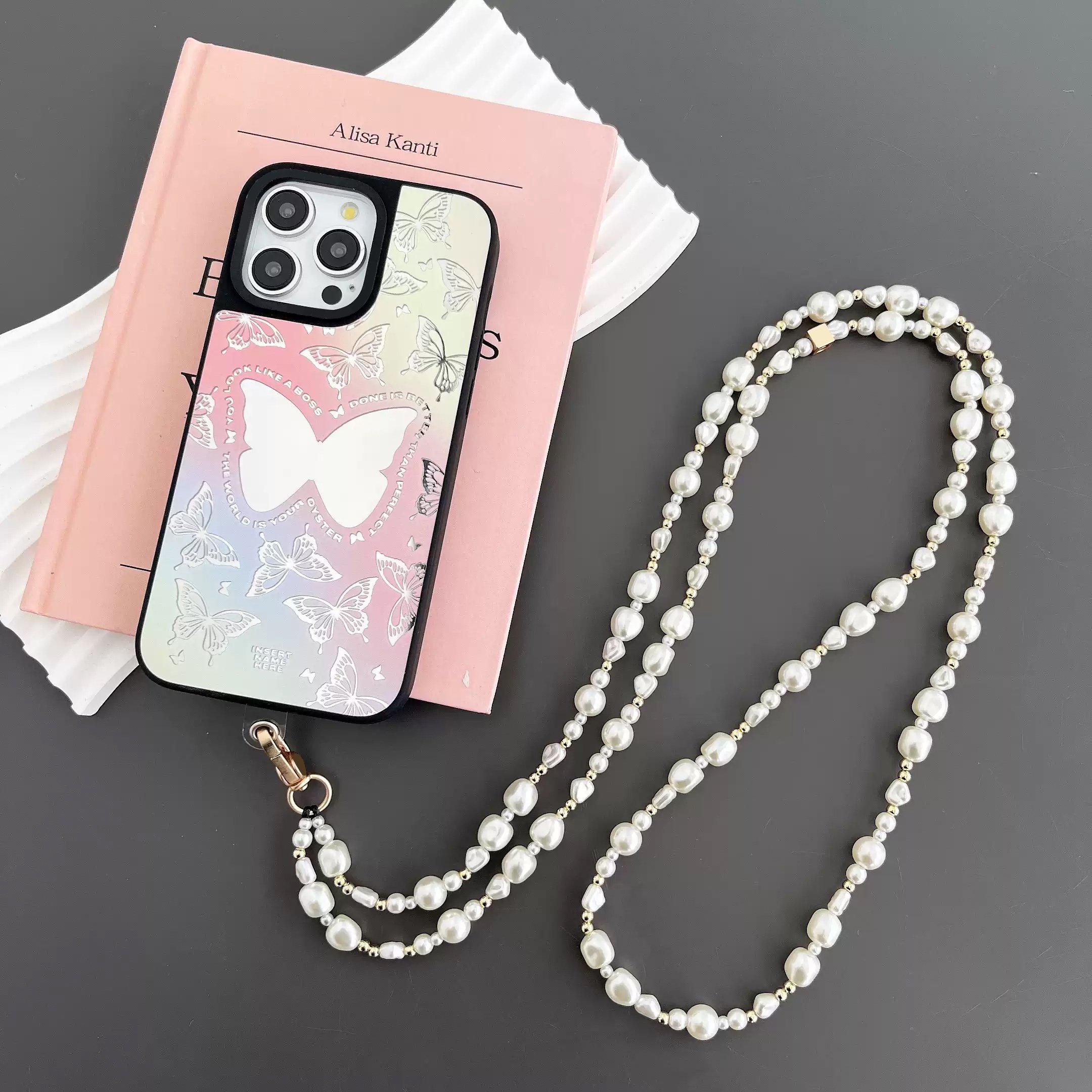 Silver and white beaded mobile phone strap crossbody shoulder strap chain versatile pendant mobile phone chain pearl lanyard