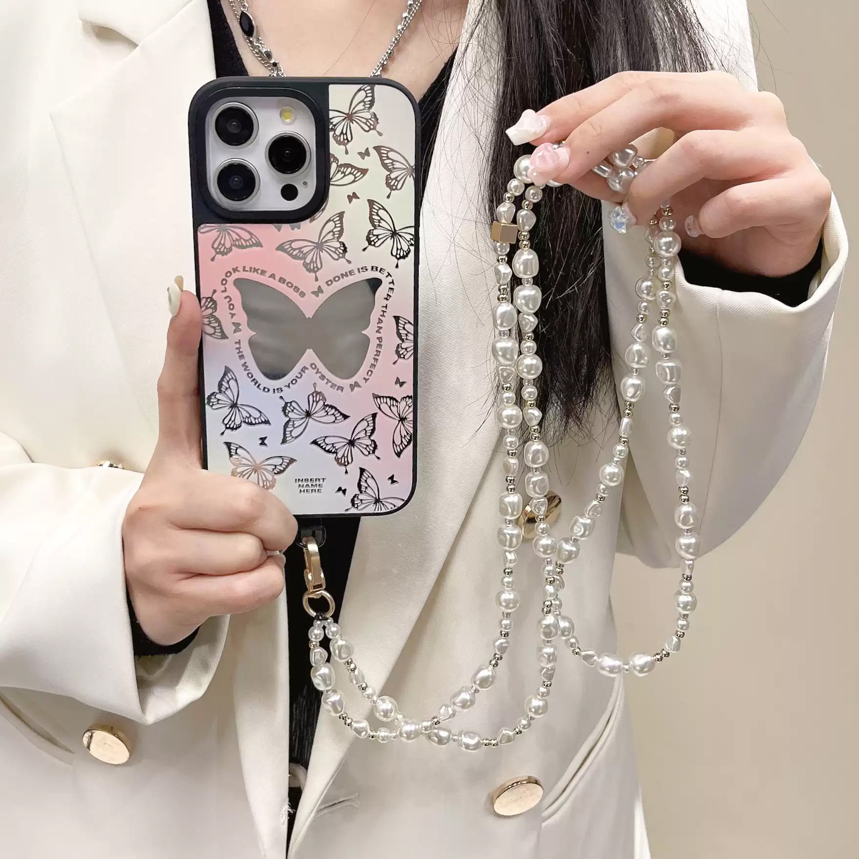 Silver and white beaded mobile phone strap crossbody shoulder strap chain versatile pendant mobile phone chain pearl lanyard