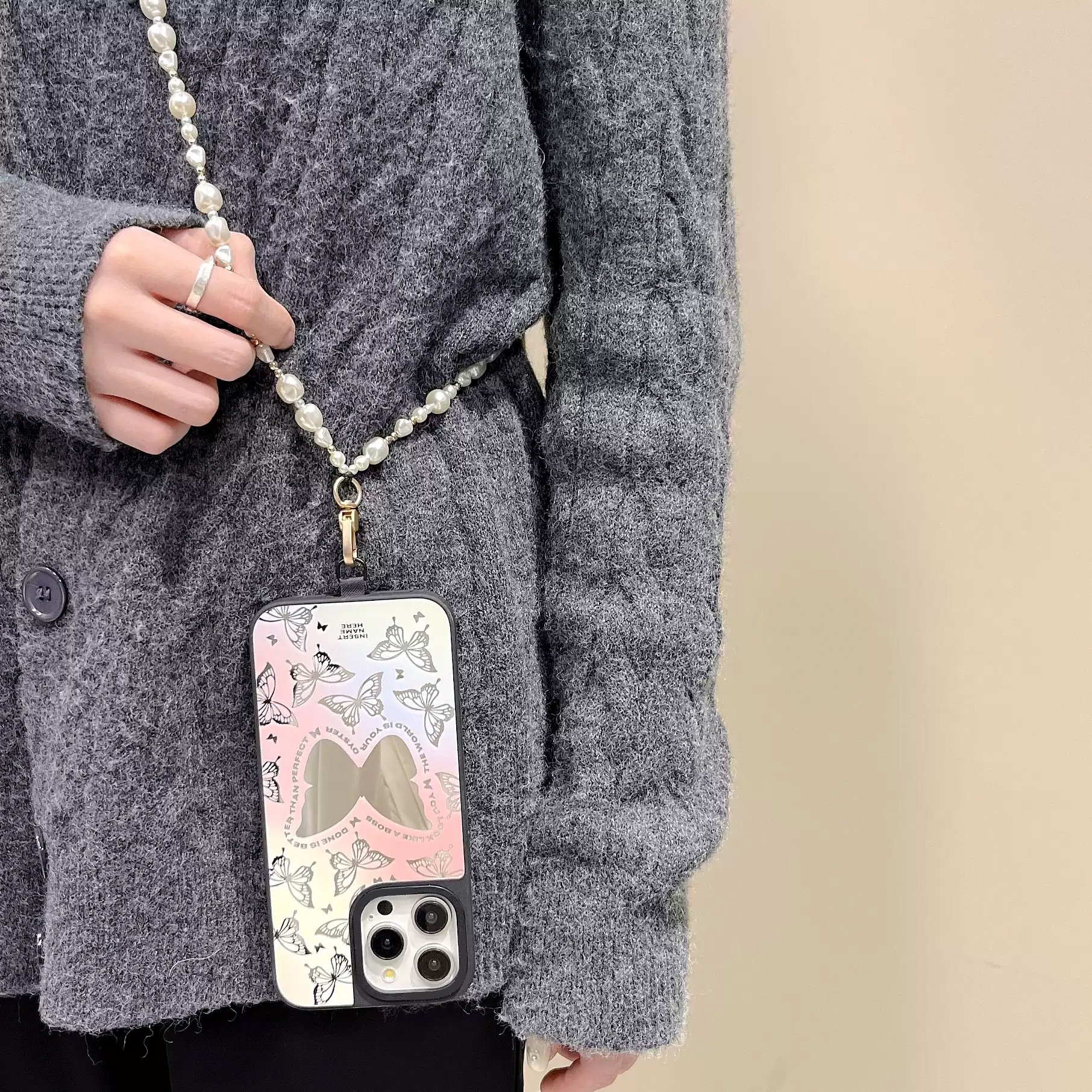 Silver and white beaded mobile phone strap crossbody shoulder strap chain versatile pendant mobile phone chain pearl lanyard