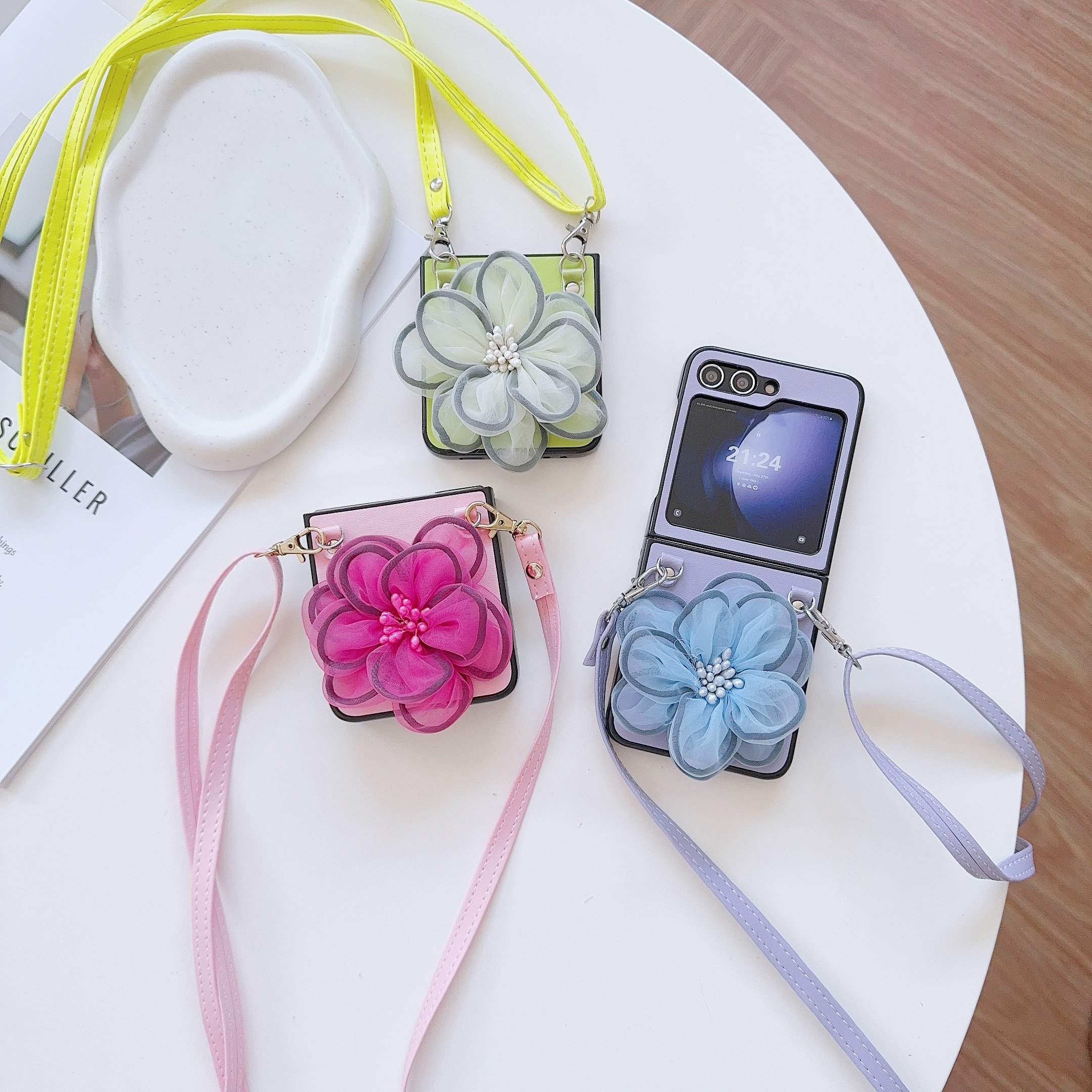 Foldable Phone Case Lambskin With Flower In Lightweight Fabric Same Color Crossbody Long Strap For Samsung ZFLIP5 ZFLIP4 ZFLIP3
