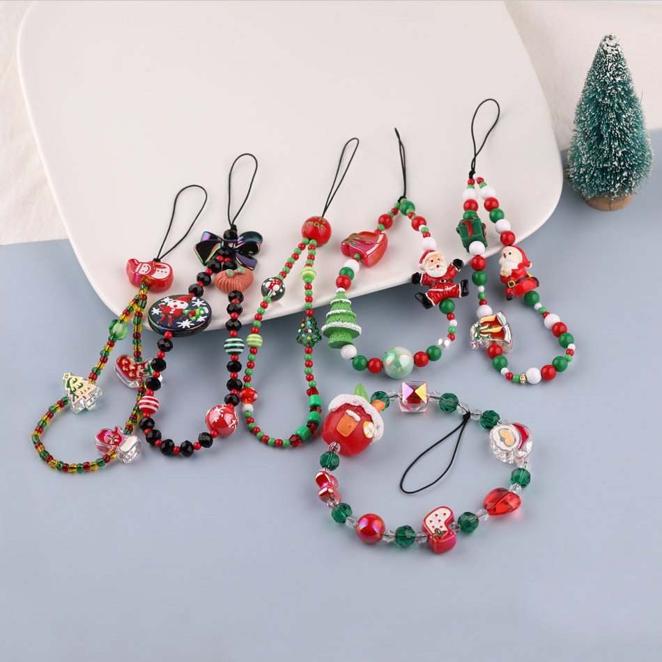 Christmas Gift Beaded Phone Lanyard Colorful Beads Camera Wrist Strap Cute Christmas Phone Charm Anti-Lost Phone Strap