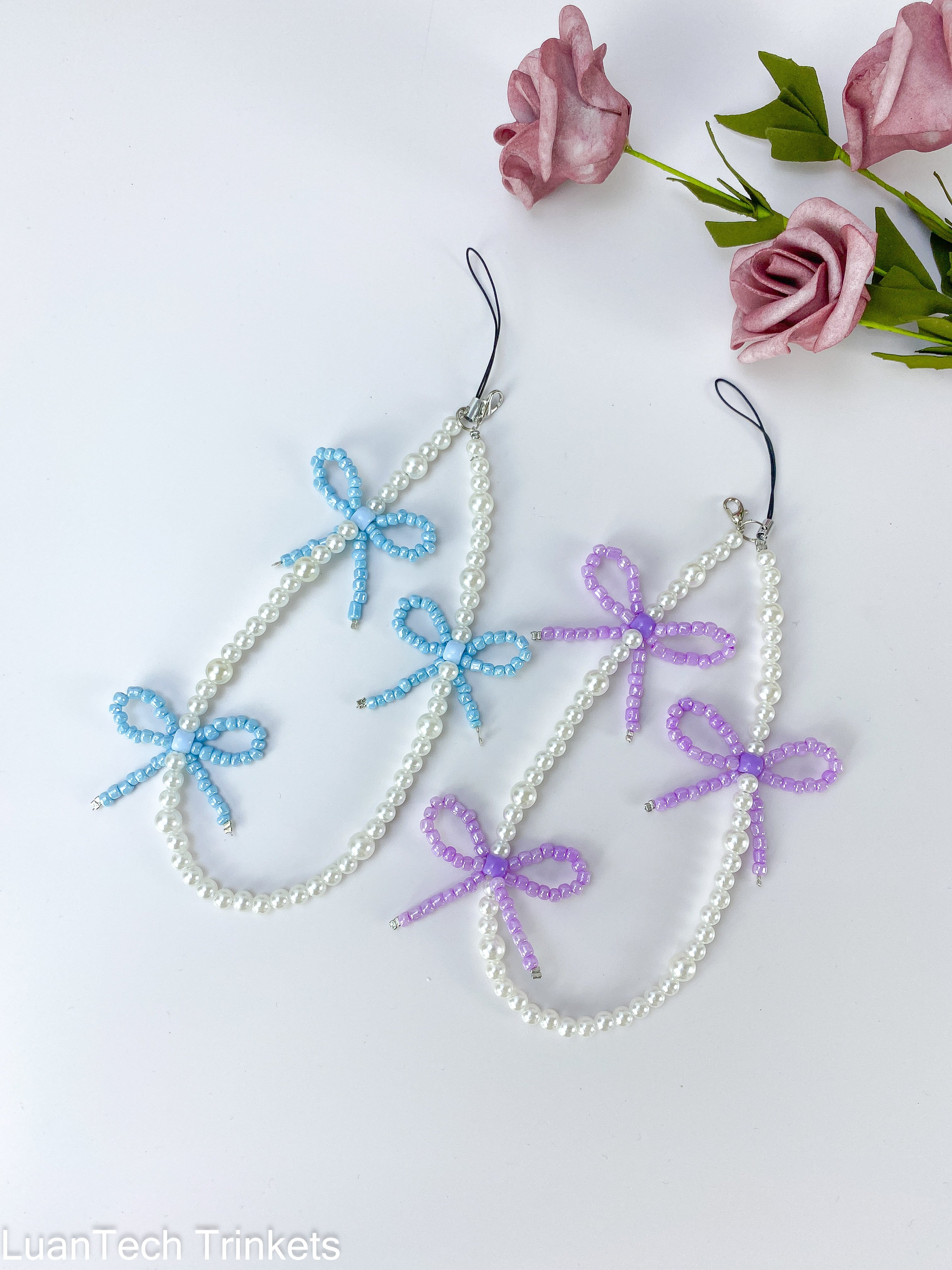 Acrylic Alloy Beaded Butterfly Mobile Pendant Eye Catching Bowknot Keychain Colorful Phone Dangler Ornament for Women