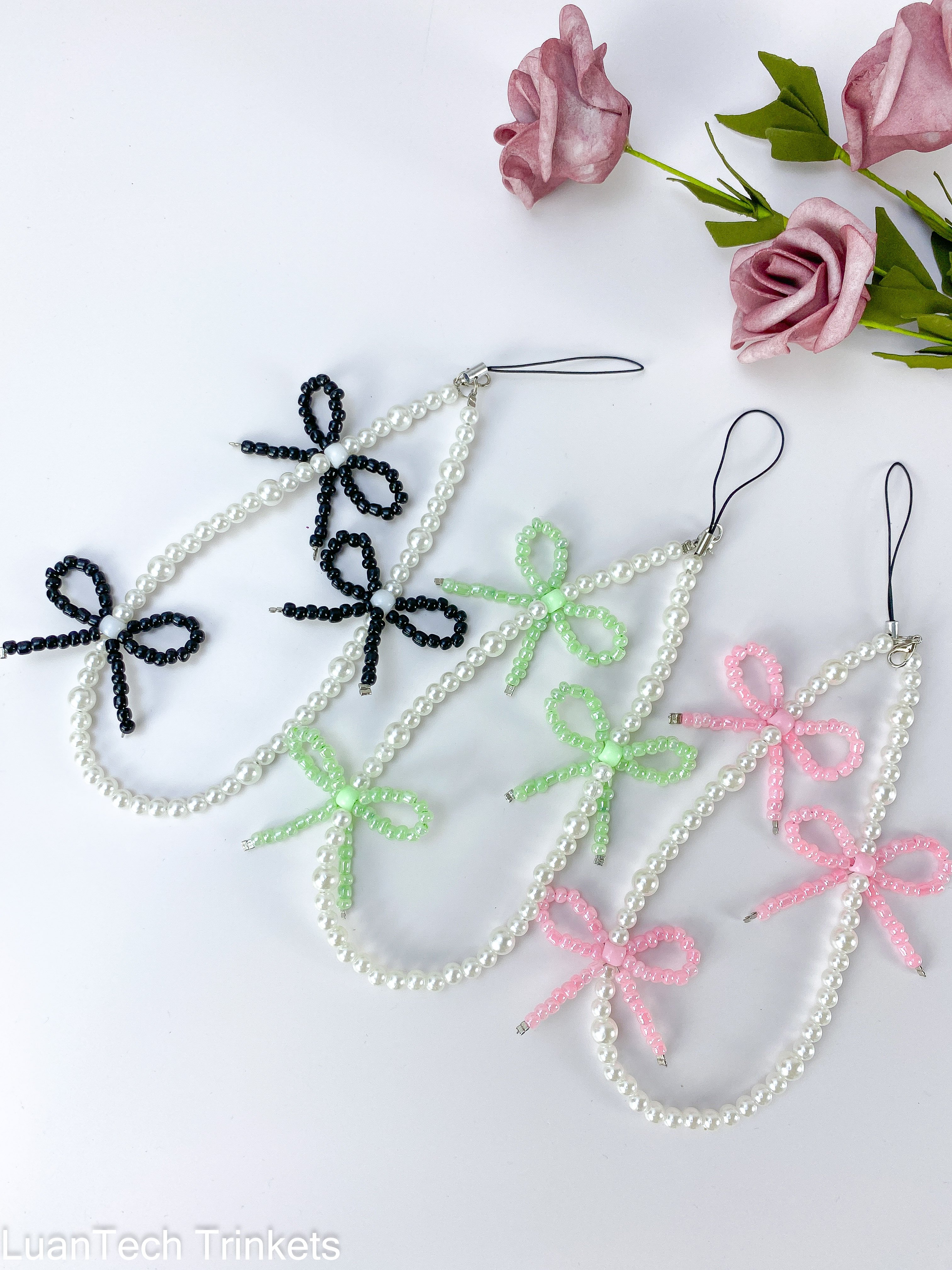 Acrylic Alloy Beaded Butterfly Mobile Pendant Eye Catching Bowknot Keychain Colorful Phone Dangler Ornament for Women