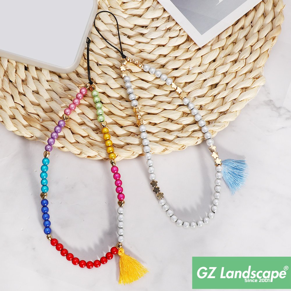 Fashion multi angle shiny opal gold beads cell phone chains straps tassel decorate pendant colorful wrist chain phone strap