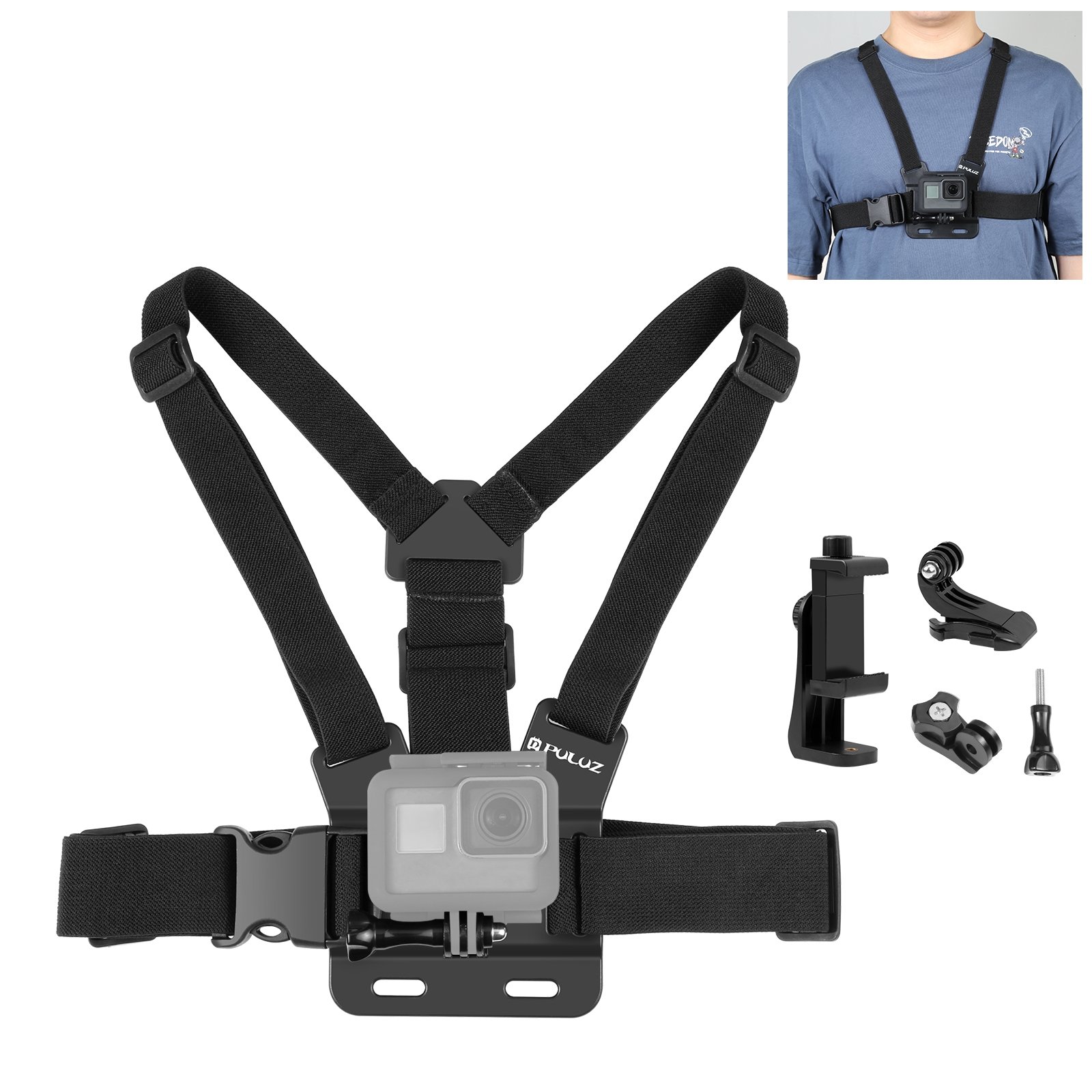 PULUZ 5 in 1 Adjustable Body Mount Belt Chest Strap Camera Belt with Phone Clamp for Mobile Phone Action Camera