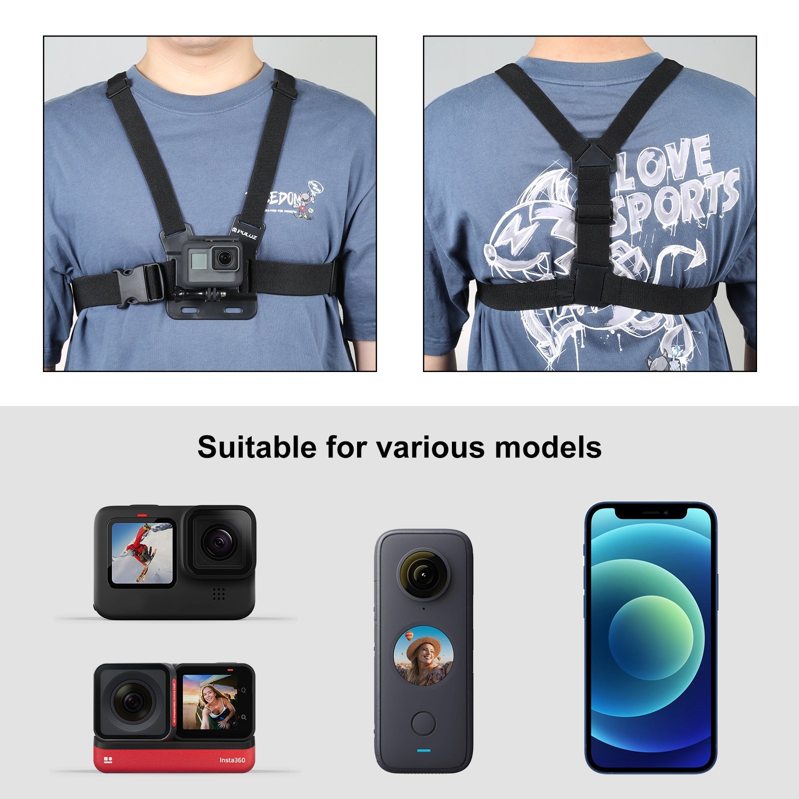PULUZ 5 in 1 Adjustable Body Mount Belt Chest Strap Camera Belt with Phone Clamp for Mobile Phone Action Camera