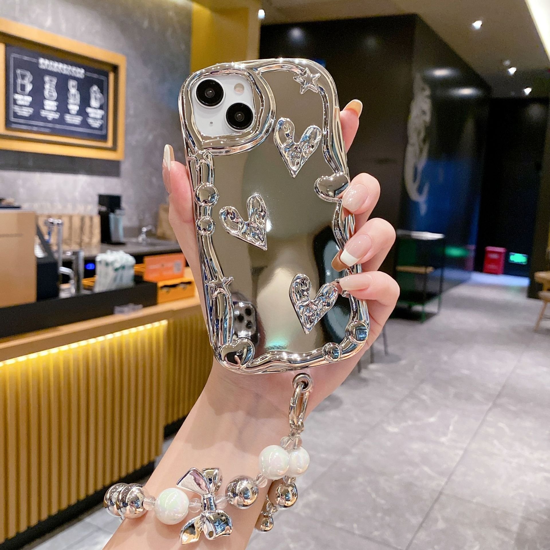 Fashion Love Mirror Silicone Mobile Phone Case For iPhone 15 14 13 12 11 Pro max bracelet Cute bear chain Shockproof Back Cover
