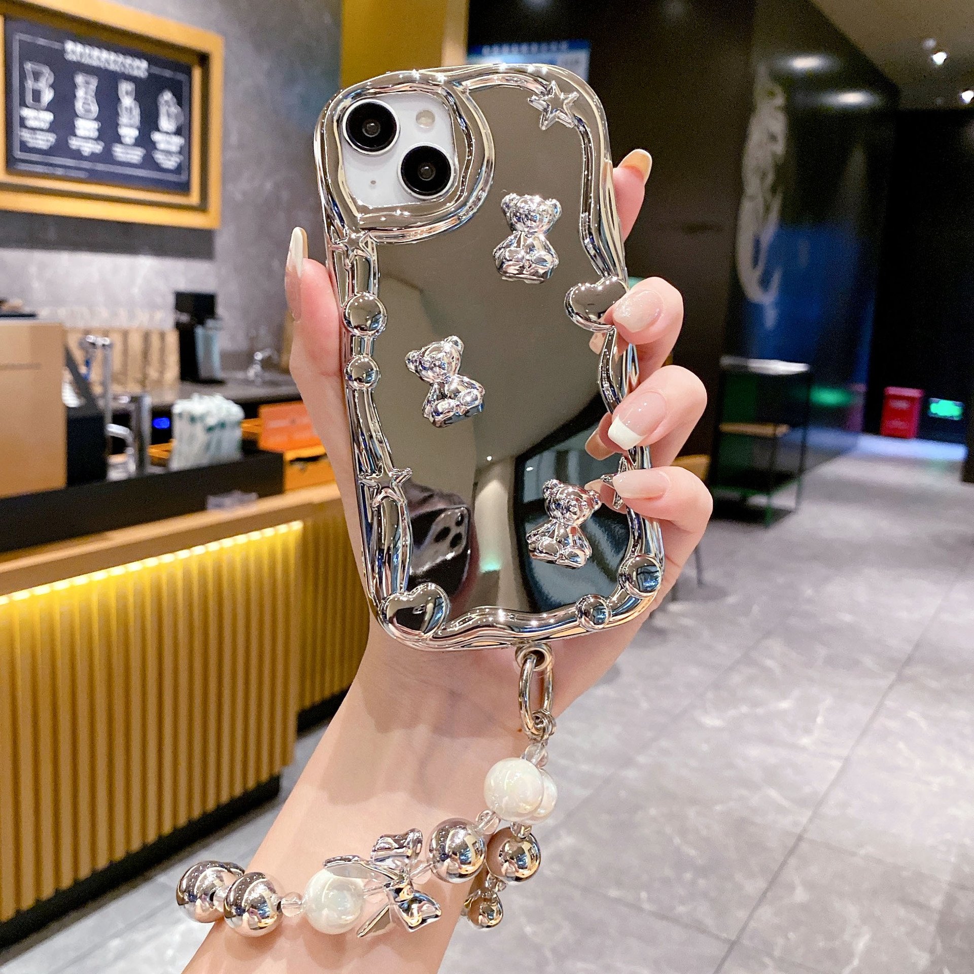 Fashion Love Mirror Silicone Mobile Phone Case For iPhone 15 14 13 12 11 Pro max bracelet Cute bear chain Shockproof Back Cover