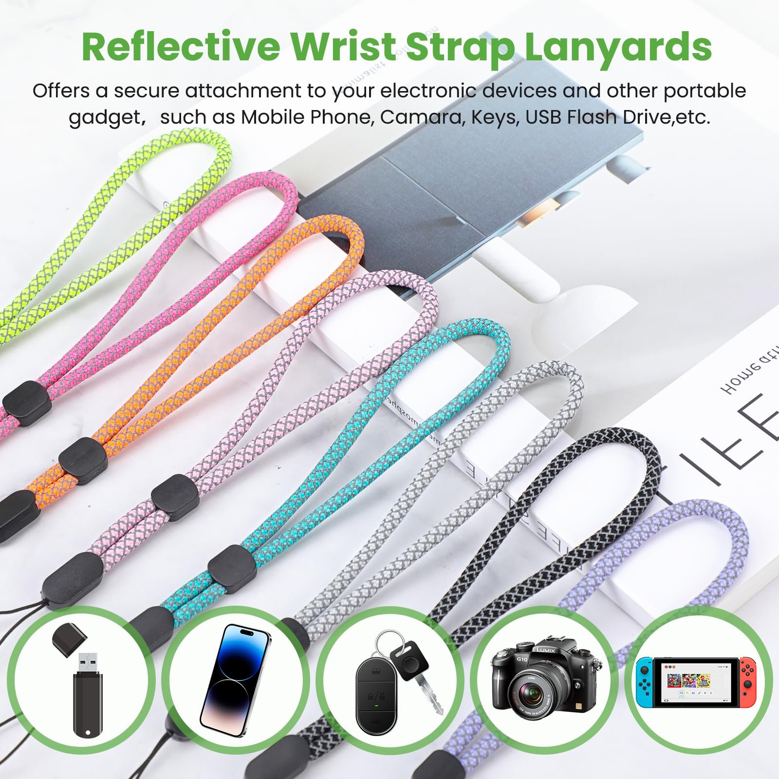 2024 Universal Reflective Adjustable Round Nylon Colorful Hand Short Anti-lost Phone Wrist Strap Lanyard with patch