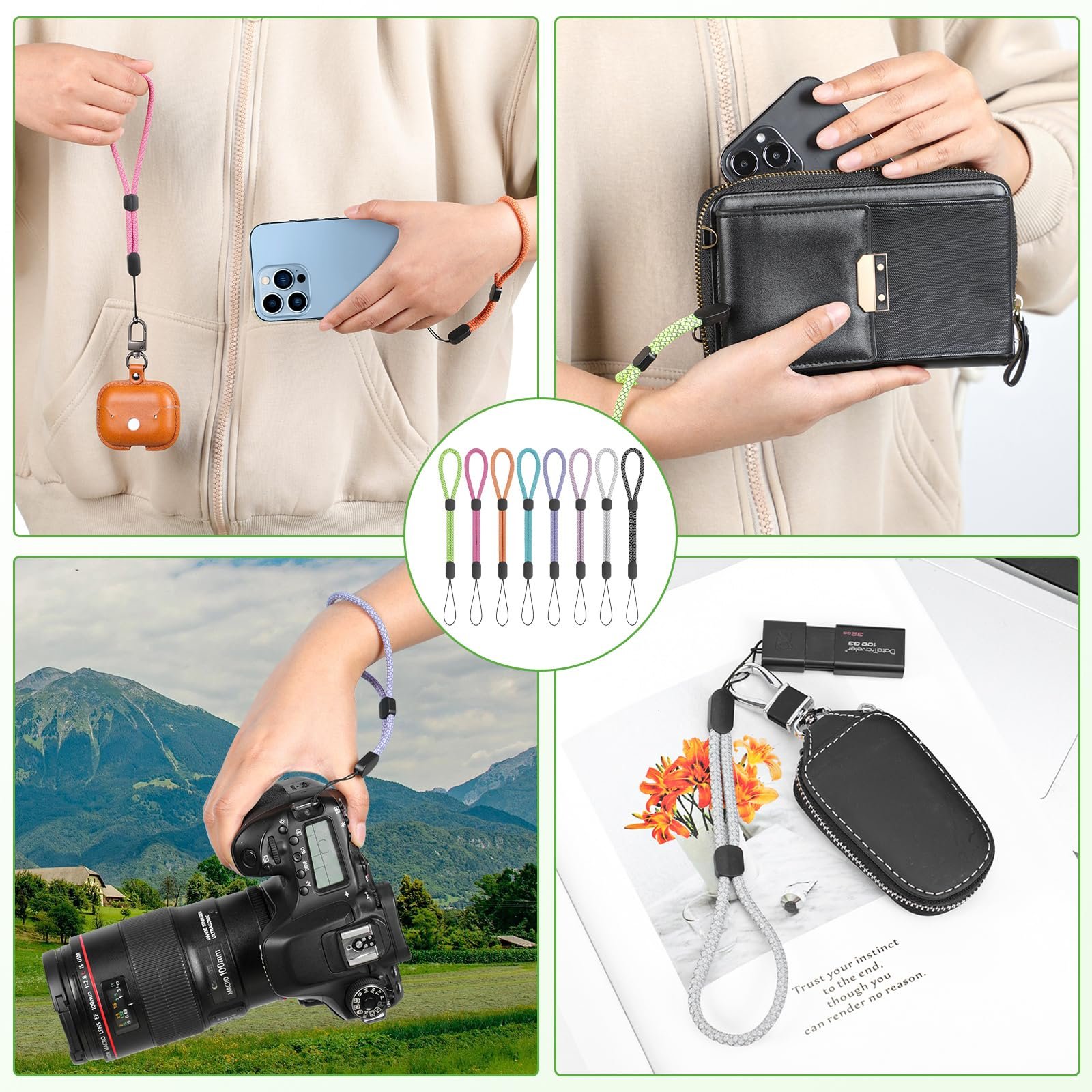 2024 Universal Reflective Adjustable Round Nylon Colorful Hand Short Anti-lost Phone Wrist Strap Lanyard with patch