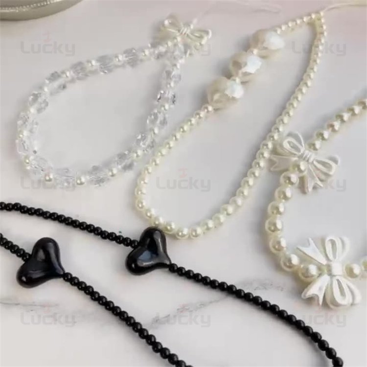 3D Cute Korean White Bowknot Love Heart Phone Chain Charm For Mobile Phone Girls Jewelry Strap Beaded Lanyard Rope