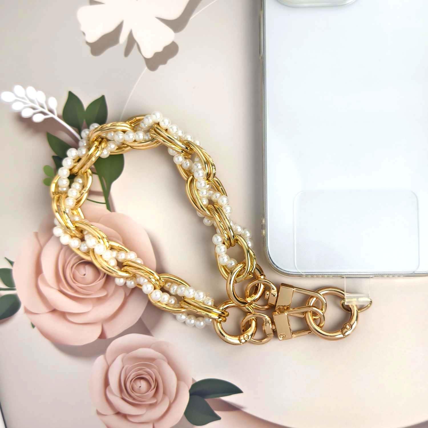 Gold Metal Pearl Phone Grip Chain Strap Detachable Lanyard with Beads Charms Women's Hands-Free Wrist Phone Case Accessory