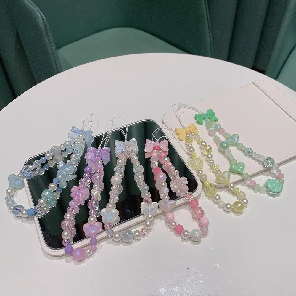 Bow Heart Beaded Bracelet Colorful Lanyard Flower Butterfly Phone Charm Pearl Mobile Phone Wrist Strap Acrylic Anti-Lost Chains