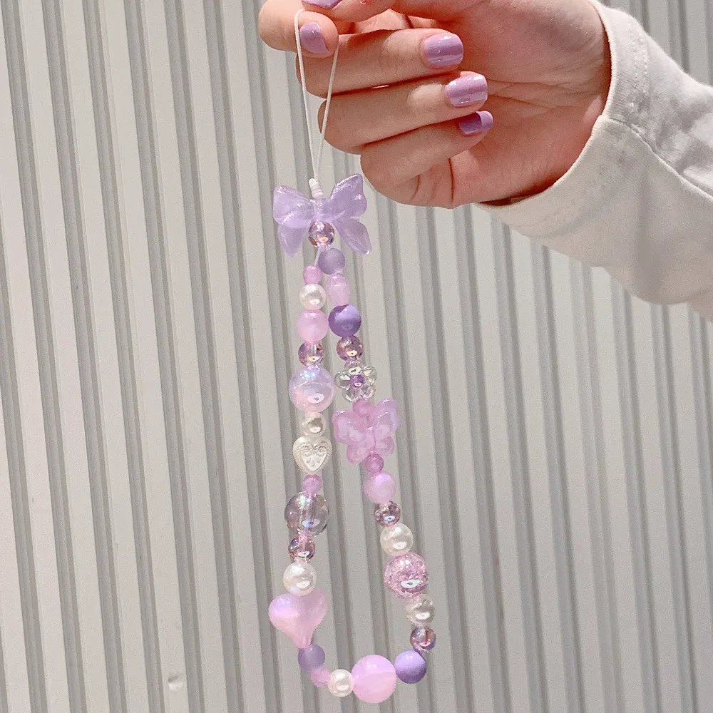Bow Heart Beaded Bracelet Colorful Lanyard Flower Butterfly Phone Charm Pearl Mobile Phone Wrist Strap Acrylic Anti-Lost Chains