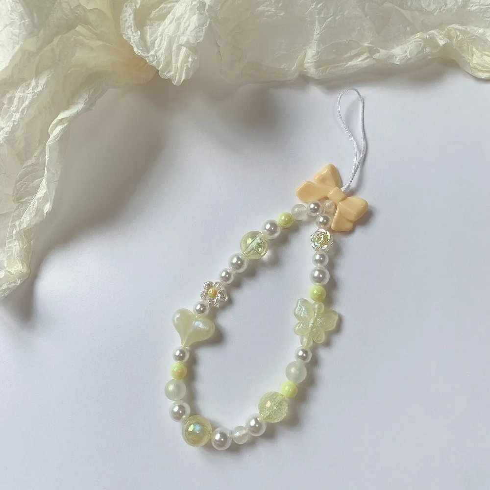 Bow Heart Beaded Bracelet Colorful Lanyard Flower Butterfly Phone Charm Pearl Mobile Phone Wrist Strap Acrylic Anti-Lost Chains