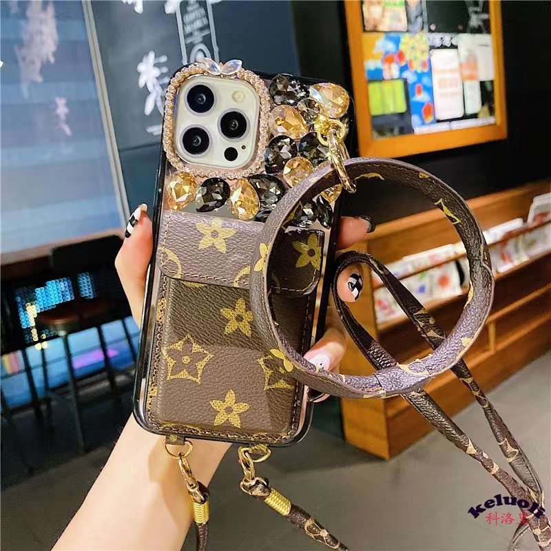Leather patterned lower diagonal with diamond Case for iphone 15 pro trending products 14 13 12 11 luxury ins Card Holder cover