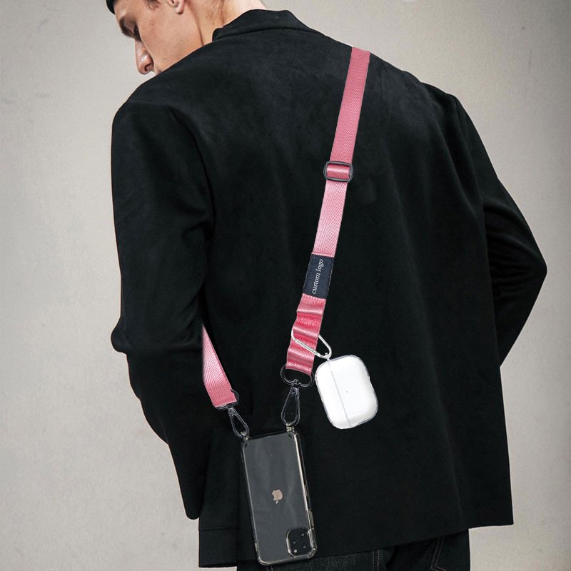 Adjustable Polyester Nylon Mobile Phone Lanyard Strap Stock Cross Body Necklace Blank Patch Mobile Phone Strap With Custom Logo