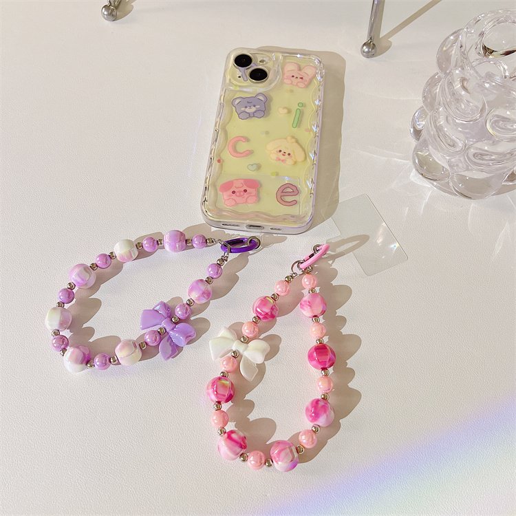 Fashion Girl Colorful Butterfly Crystal Acrylic Handmade Beaded Mobile Phone Chains Lanyard Wrist Straps