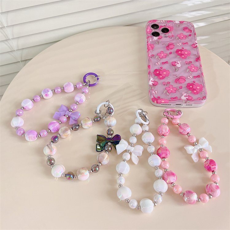 Fashion Girl Colorful Butterfly Crystal Acrylic Handmade Beaded Mobile Phone Chains Lanyard Wrist Straps
