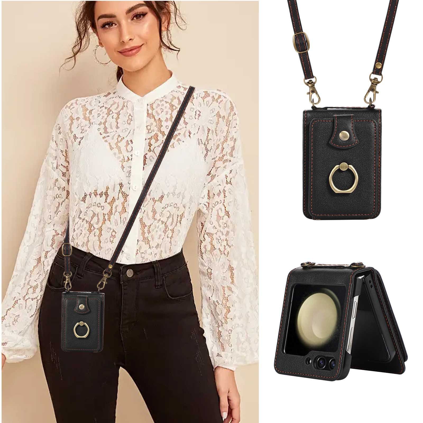 Trendy Multifunction Crossbody Folding Leather Finger Ring Clip Holder Phone Case With Wallet Card Bag For Samsung Z Flip6 5 4 3