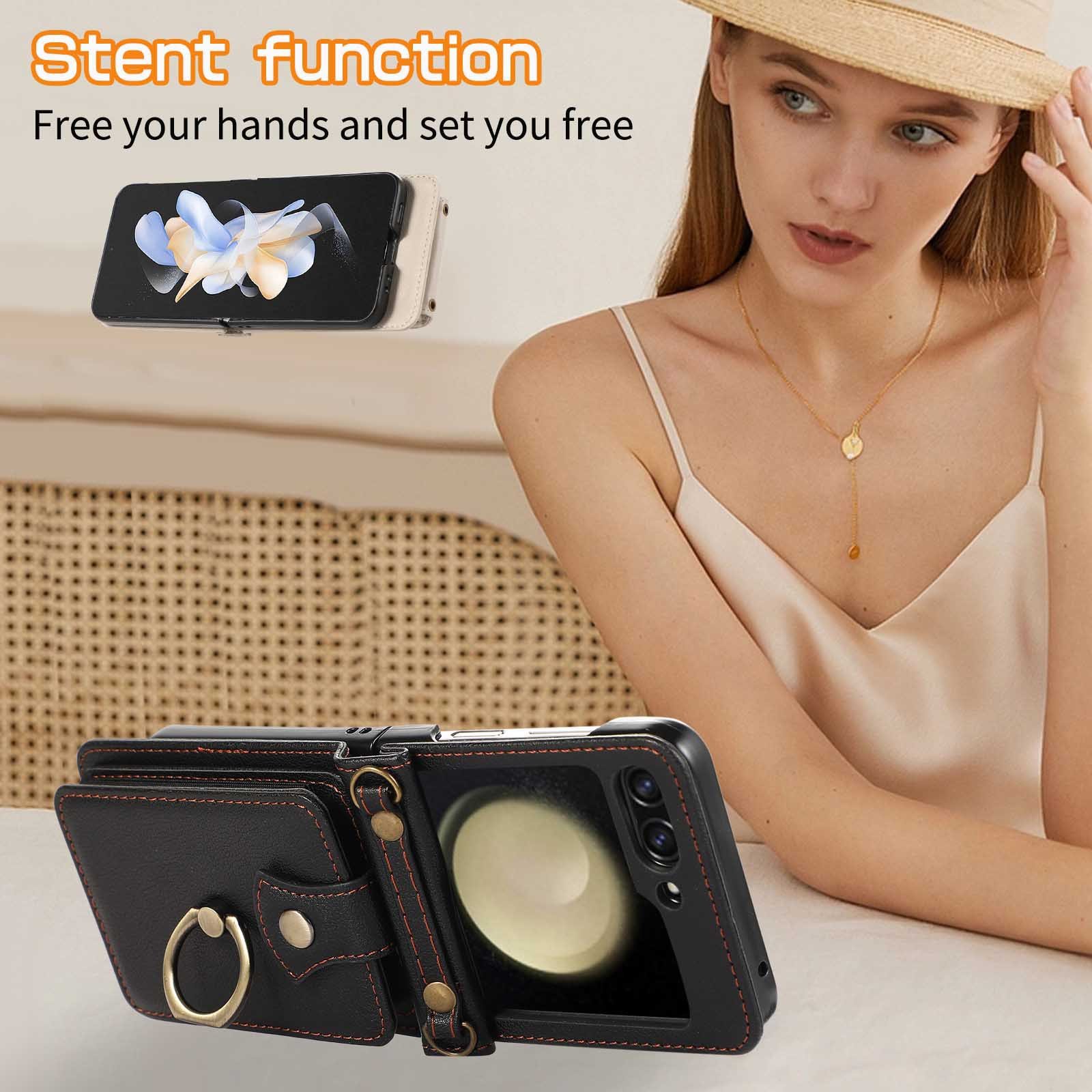 Trendy Multifunction Crossbody Folding Leather Finger Ring Clip Holder Phone Case With Wallet Card Bag For Samsung Z Flip6 5 4 3
