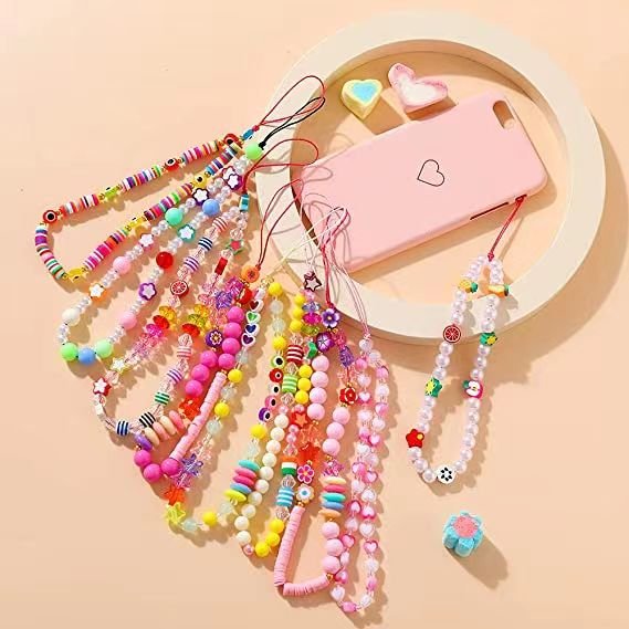 New Arrival Furit Star Pearl Butterfly Women Colorful Clay Beaded Phone Strap Charm Chain Lanyard