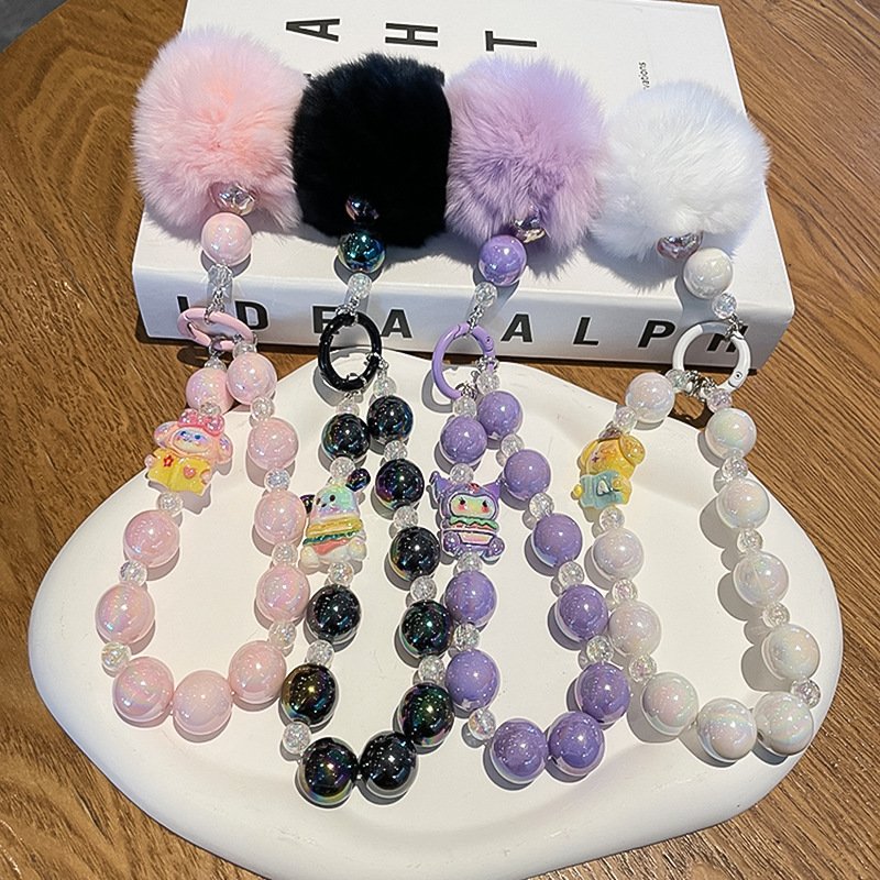 Cartoon phone chain beaded bow Korean style keychain phone case accessory Girl heart chain bag pendant