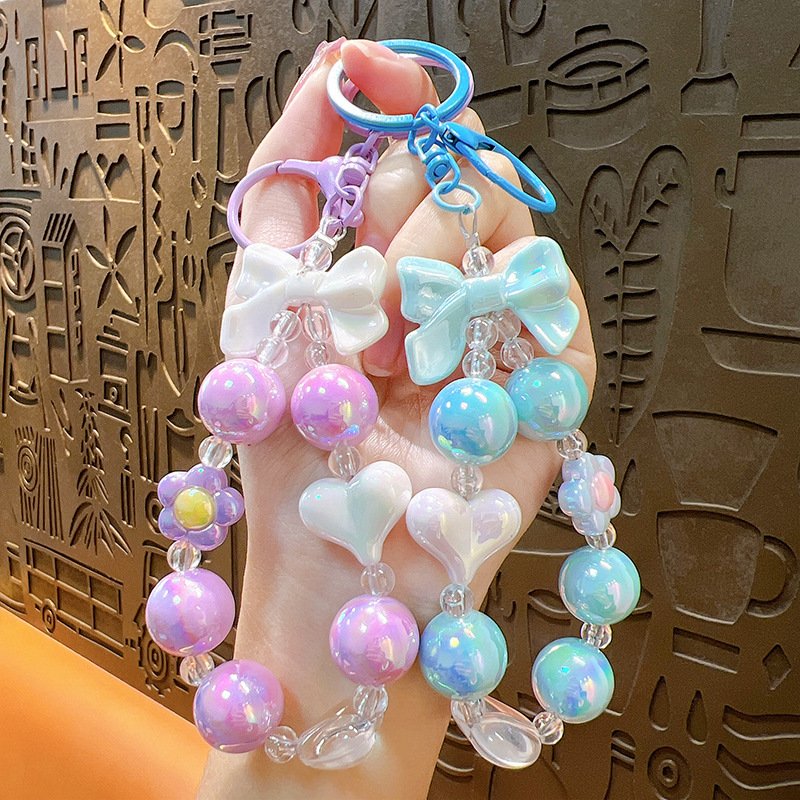 Wholesale Cute Acrylic Dazzling Colorful Heart Beads Mobile Phone Lanyard Keychain Bow Love Flower Key Chain Bag Small Pendant