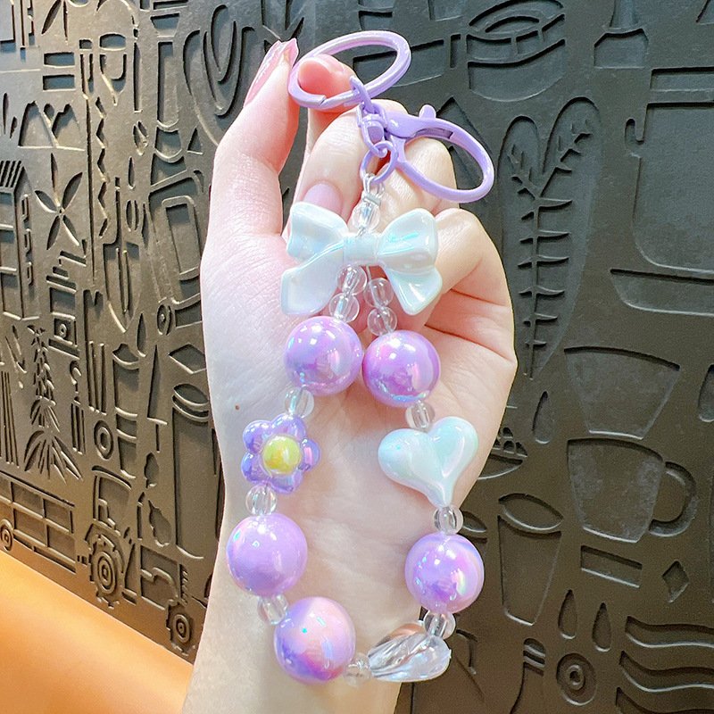 Wholesale Cute Acrylic Dazzling Colorful Heart Beads Mobile Phone Lanyard Keychain Bow Love Flower Key Chain Bag Small Pendant