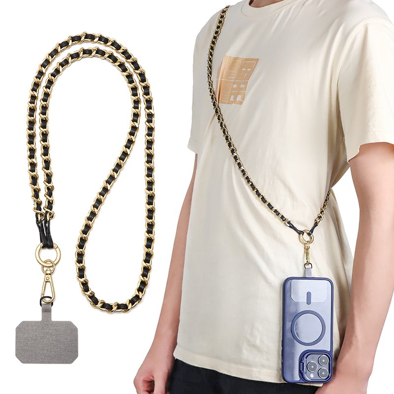 Cross Body Phone Lanyards PU Leather Strap Metal Chain For Cell phone