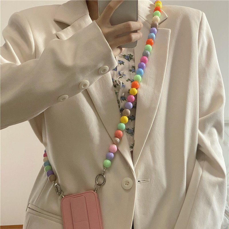 Color Acrylic Wood Beads Strap Mobile Phone Hanging Necklace Phone Chain Crossbody Case Accessories Phone Lanyard Clear Patch