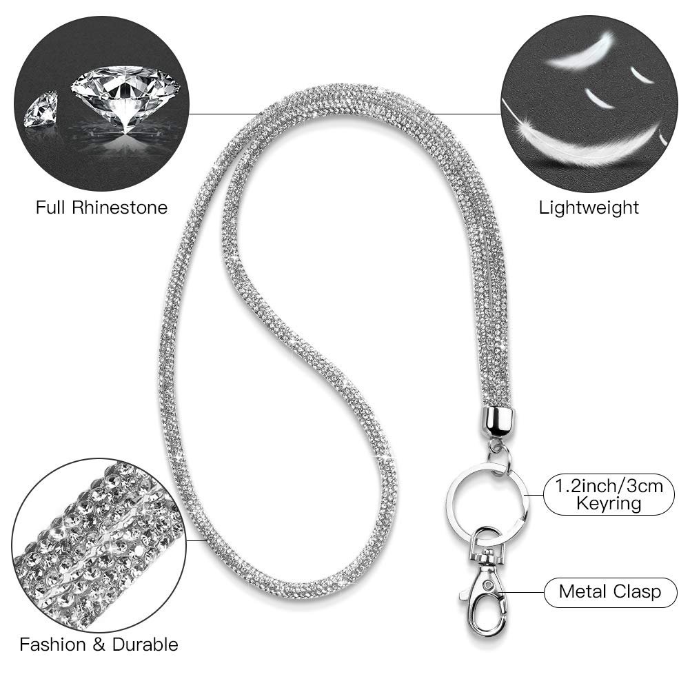 Luxury Bling Glitter Crystal Rhinestone Women Mobile Phone Strap Crossbody Neck Lanyard with Metal Clasp Keyring ID Card Holder
