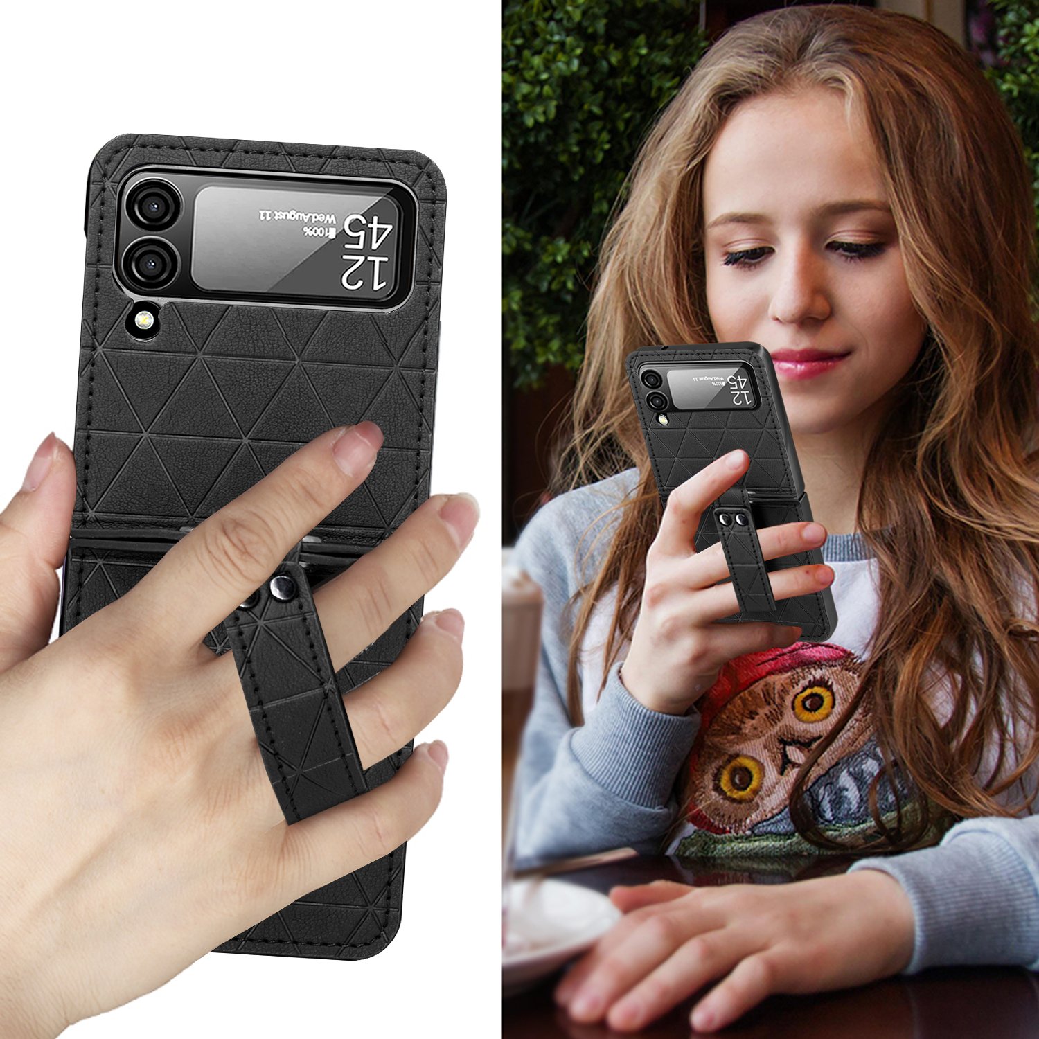 Phone Case Cellphone Case Vietao Zflip 5 Holder Stand Luxury Leather for Girl Black for Samsung Z Flip 4 Flip 3 Hand Strap