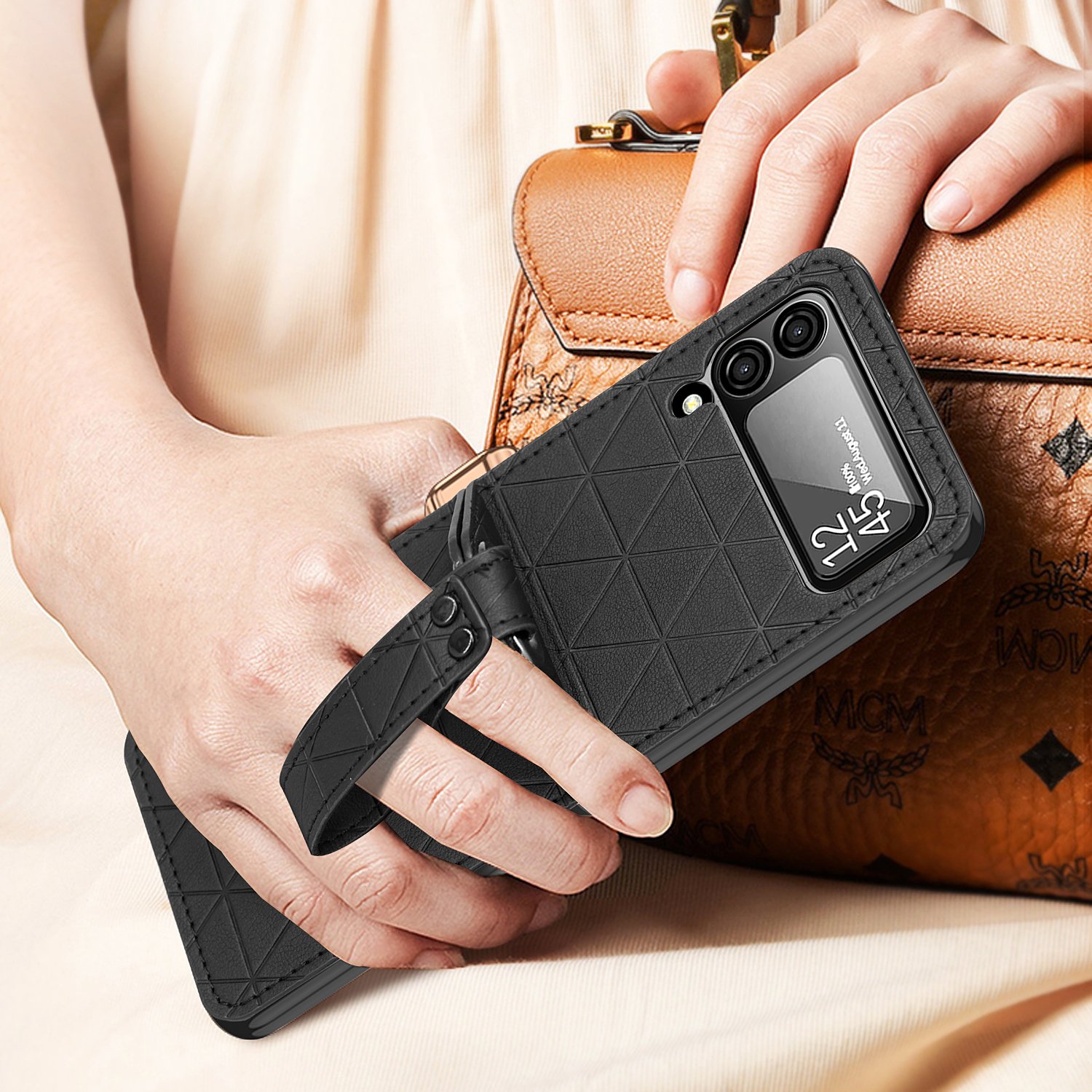 Phone Case Cellphone Case Vietao Zflip 5 Holder Stand Luxury Leather for Girl Black for Samsung Z Flip 4 Flip 3 Hand Strap