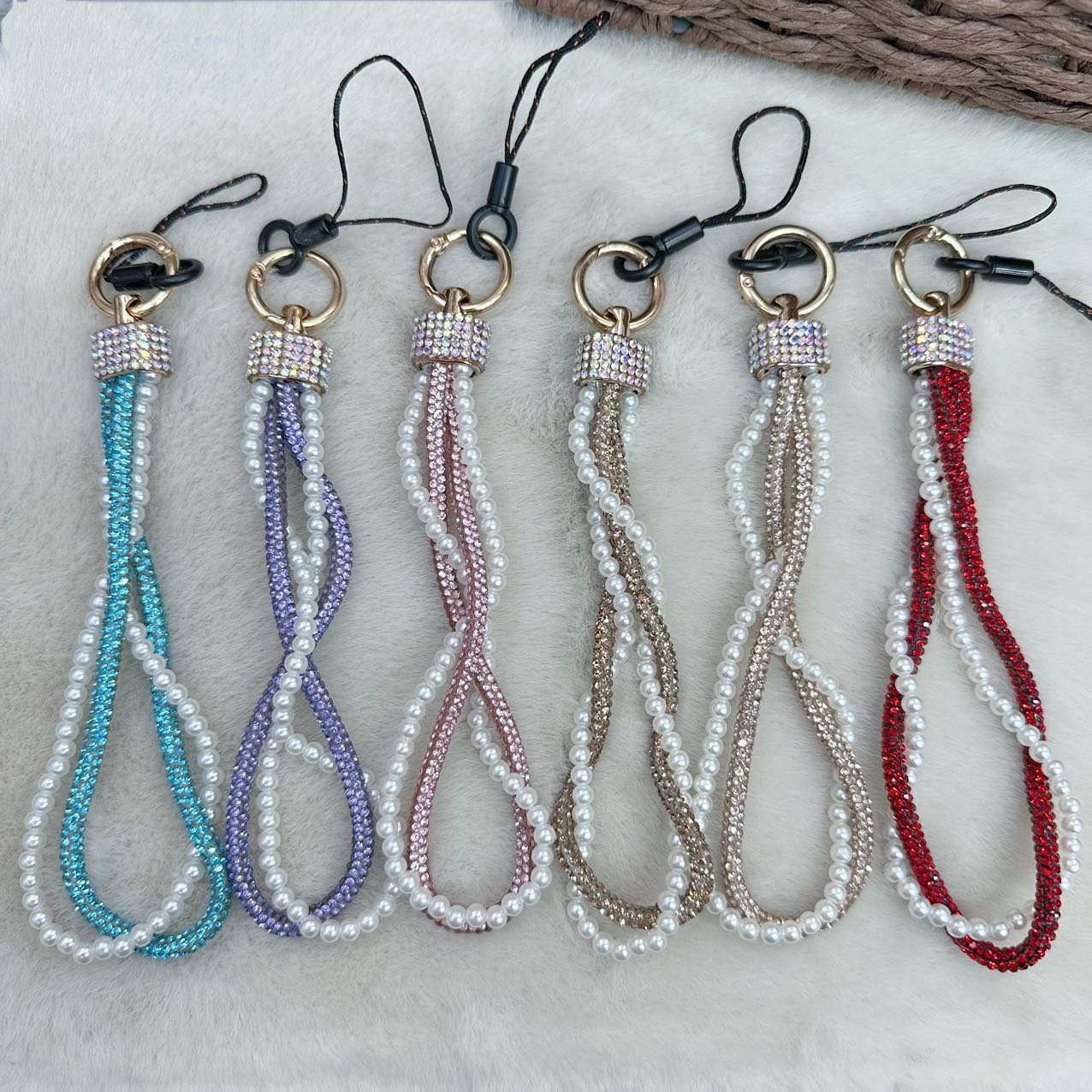 Hanging Tag Bling Diamond Double Chain Mobile Phone Lanyard Short Wrist Strap Women's Handmade Pearl Chain Clip Universal Strap