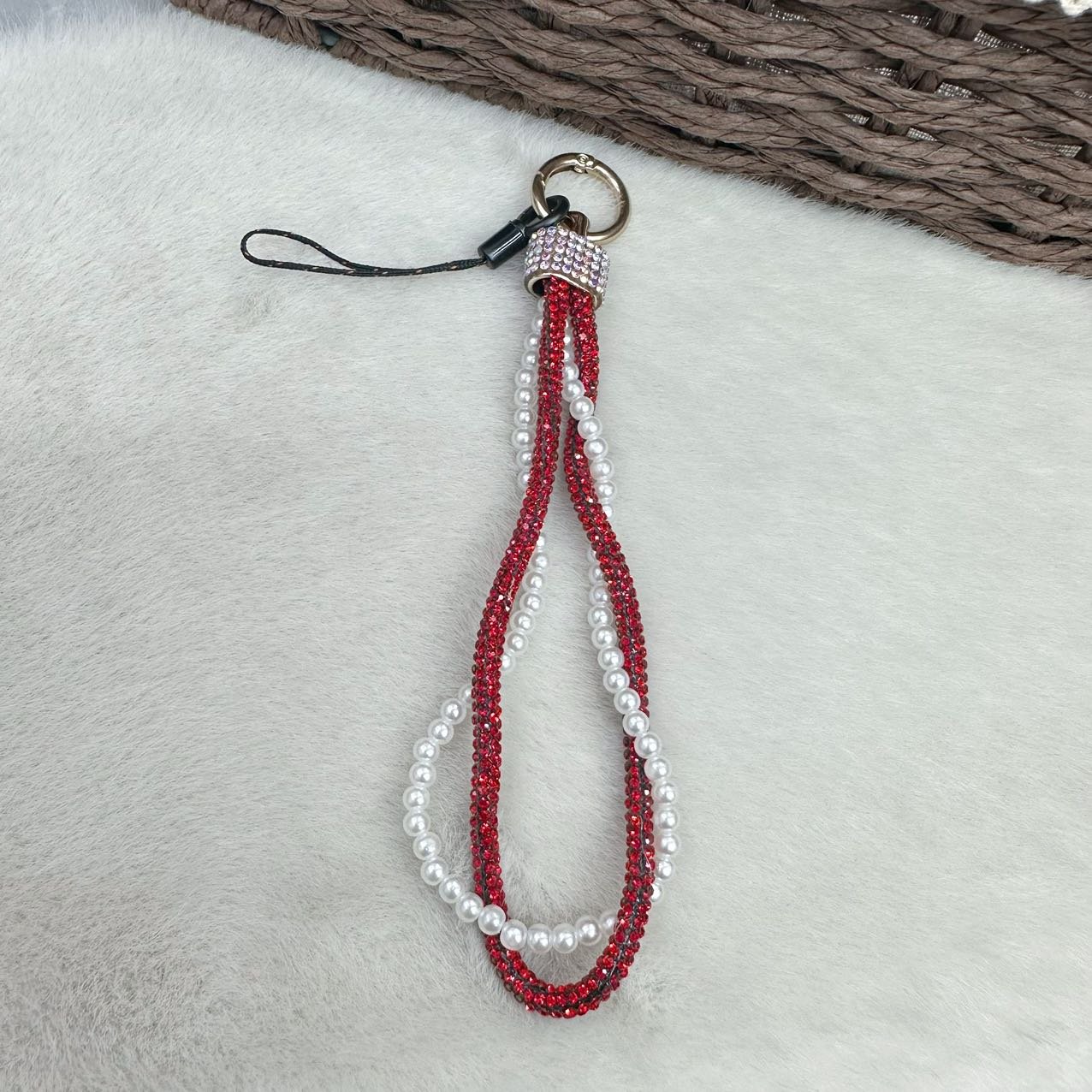 Hanging Tag Bling Diamond Double Chain Mobile Phone Lanyard Short Wrist Strap Women's Handmade Pearl Chain Clip Universal Strap