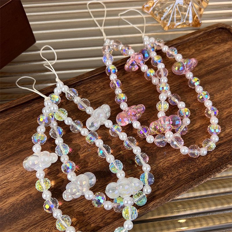 MYLULU free samples Custom logo beaded mobile phone chain cloud Pearl crystal mobile phone charm short wristband