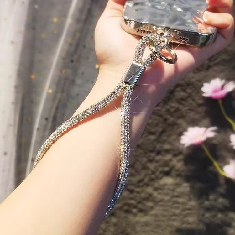 Rhinestone Shiny Cell Mobile Phone Key Chian Wallet Wristlet Wrist Short Strap Patch Tether Tab Lanyard with Zipper Pouch Wallet
