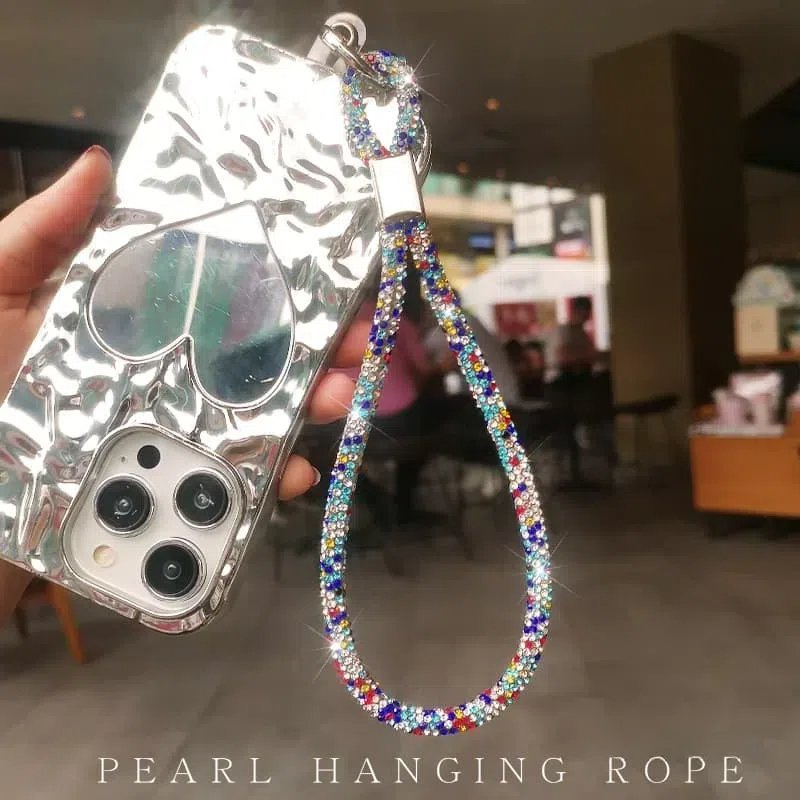 Rhinestone Shiny Cell Mobile Phone Key Chian Wallet Wristlet Wrist Short Strap Patch Tether Tab Lanyard with Zipper Pouch Wallet