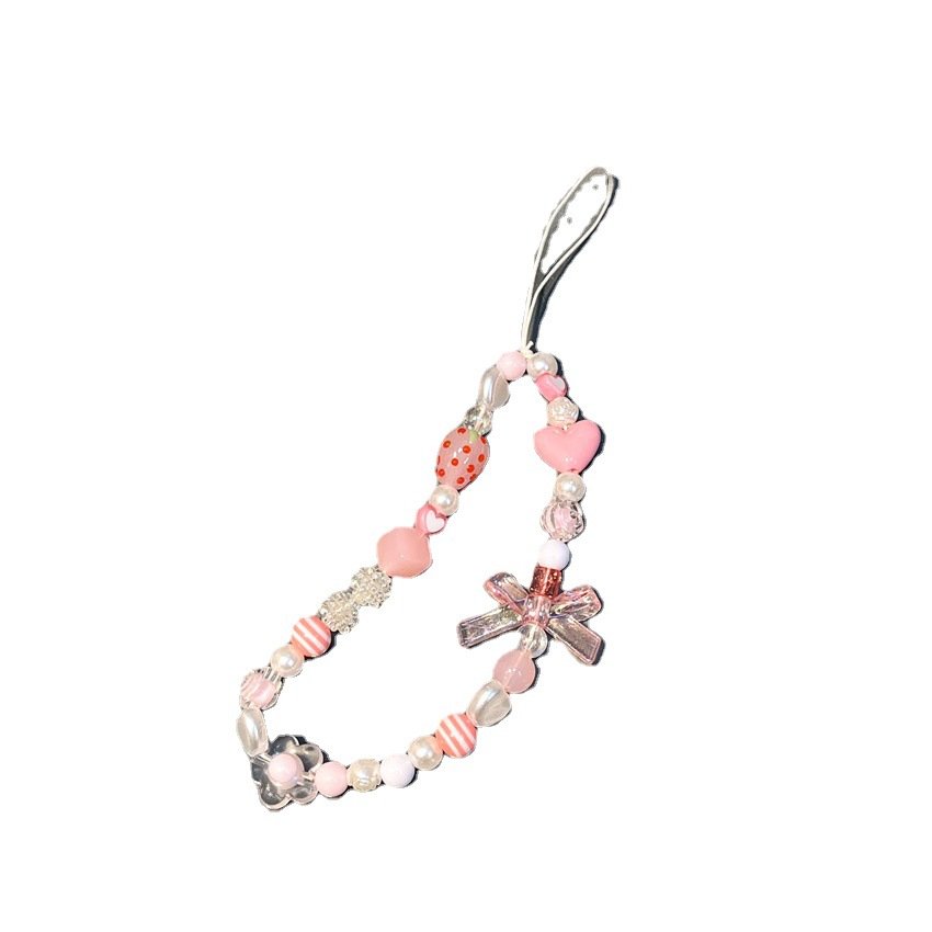 Sweet Fashion Pink Love Imitation Pearl Beaded Adjust Phone Chain Women Girls Rope Chain Practical Classic Accessories Jewelry