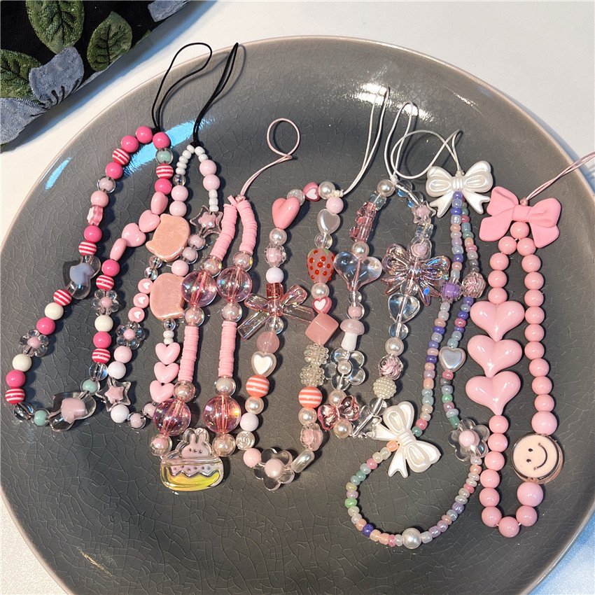 Sweet Fashion Pink Love Imitation Pearl Beaded Adjust Phone Chain Women Girls Rope Chain Practical Classic Accessories Jewelry