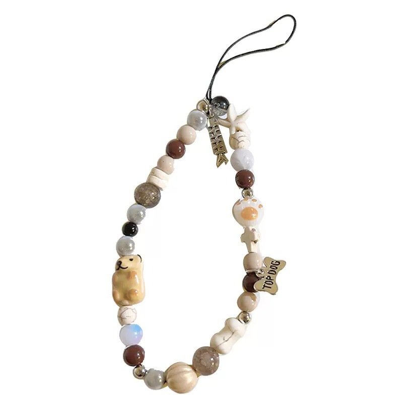 Korea Cute Black Bear Heart Beaded Phone Chain Charm Lanyard For iPhone Samsung Universal Accessories Jewelry Strawberry Pendant