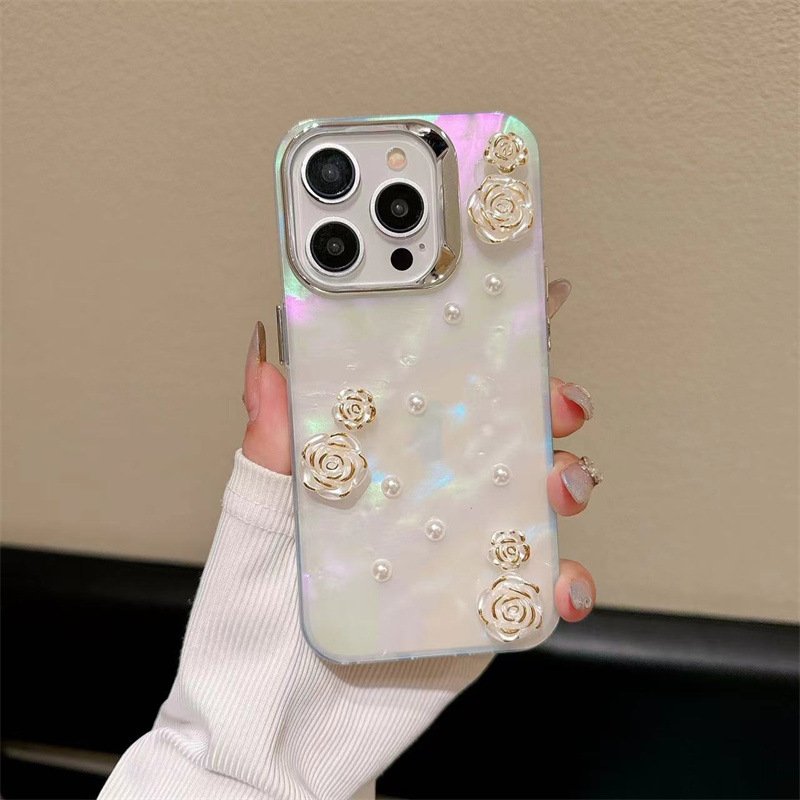 Rainbow Rose Flowers Acrylic TPU Mobile Phone Case For iPhone 16 15 14 13 12 11 Pro max Pearl iMd luxury Shockproof Back Cover