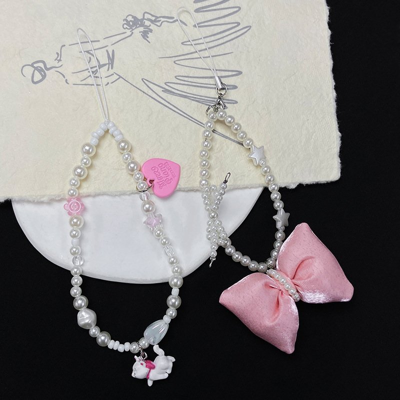 Lilangda Cute Bowknot Heart Keychain Sweet Cute Pendant Decoration Keyring Jewelry Phone Beads Chain Charm Phone Wrist Strap