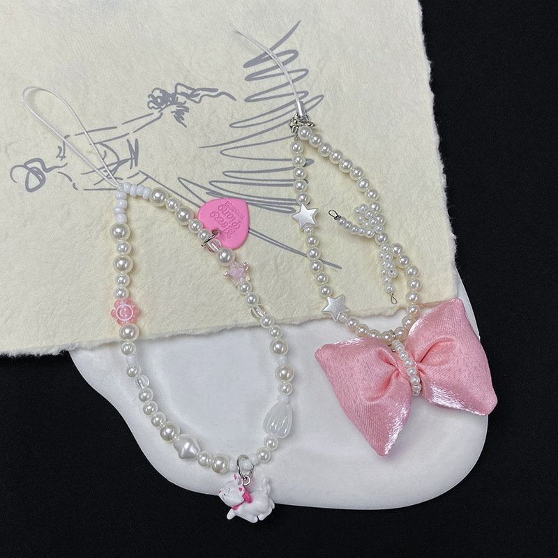 Lilangda Cute Bowknot Heart Keychain Sweet Cute Pendant Decoration Keyring Jewelry Phone Beads Chain Charm Phone Wrist Strap