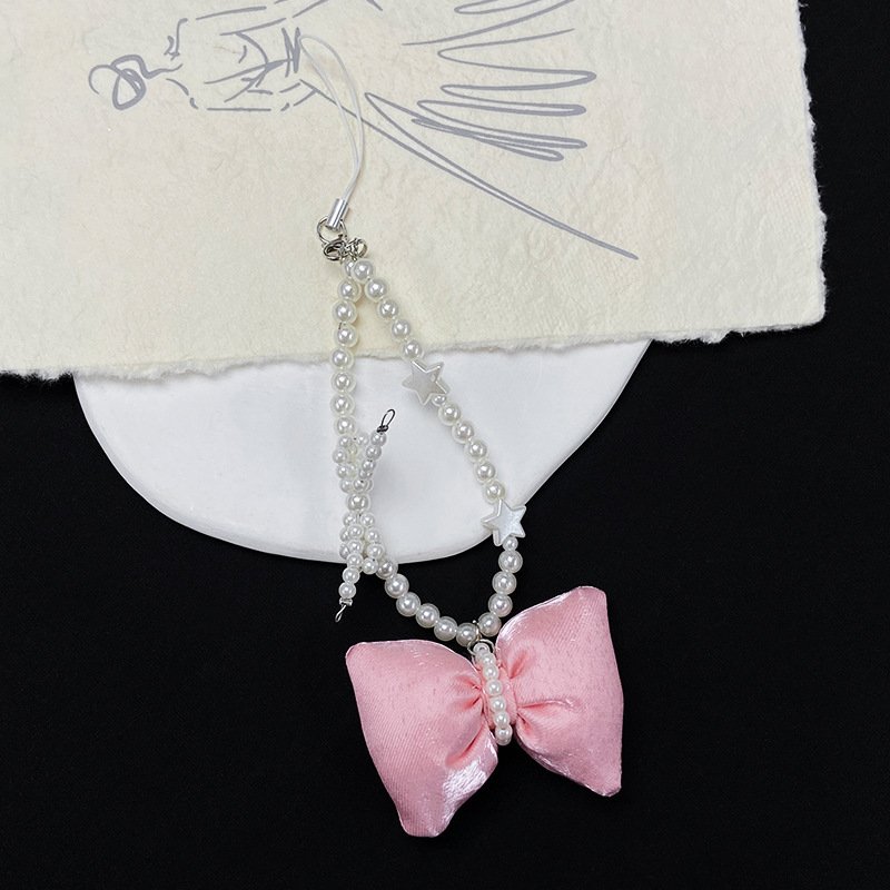 Lilangda Cute Bowknot Heart Keychain Sweet Cute Pendant Decoration Keyring Jewelry Phone Beads Chain Charm Phone Wrist Strap