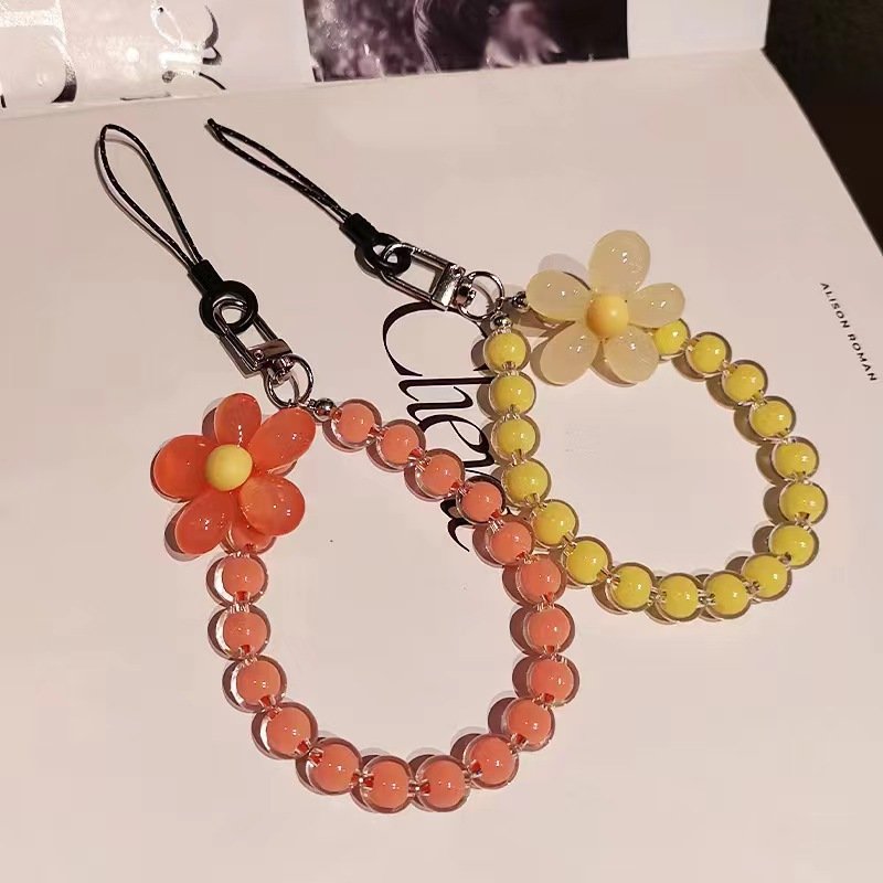Fashion Colorful Flower Beads Mobile Phone Charm Chain Crystal Beaded Short Phone Case Wrist Strap Lanyard