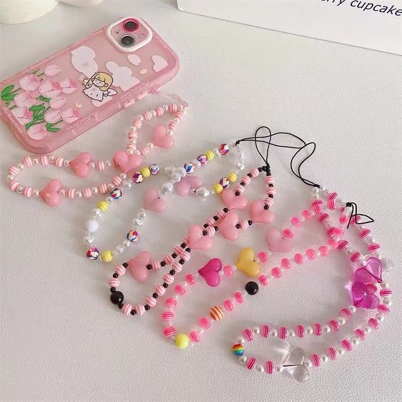 2024 Hotsale HANDMADE Colorful Cute Smiley Face Fruit Pearl Clay Beads Phone Charm Strap Lanyard Wrist Strap Phone Chain