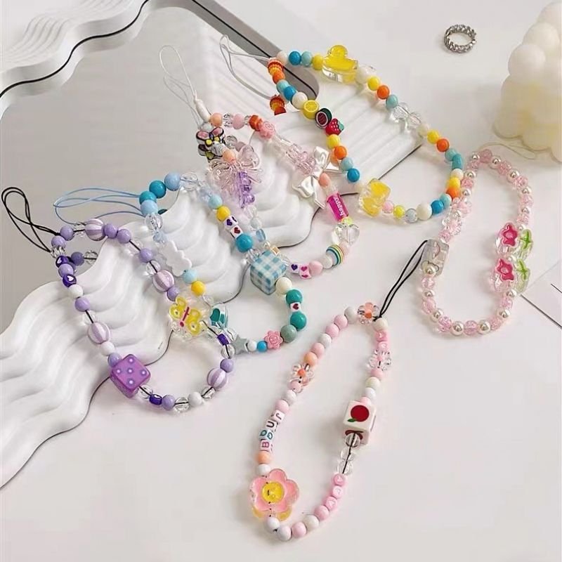 2024 Hotsale HANDMADE Colorful Cute Smiley Face Fruit Pearl Clay Beads Phone Charm Strap Lanyard Wrist Strap Phone Chain