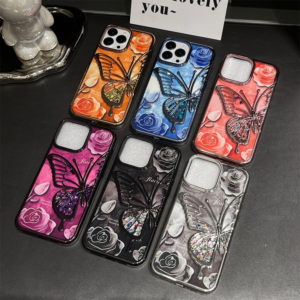 Luxury Butterfly Glitter TPU Mobile Phone Case For iPhone 15 14 13 12 11 Pro max Flower Silicone bling Shockproof Back Cover
